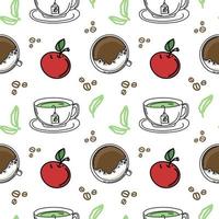un disegno senza soluzione di continuità di bevande calde per la colazione. elementi in stile doodle disegnati a mano. colazione. Buon giorno. caffè e tè verde. vettore semplice in stile doodle.