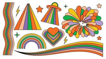 set di elementi psichedelici arcobaleno cool retrò hipster. una raccolta di clipart groovy iridescenti degli anni '70. tratto modificabile. disegno astratto di adesivi dei cartoni animati. illustrazione vettoriale di tendenza