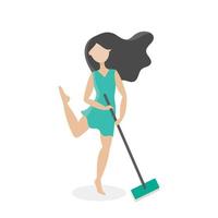giovane donna casalinga che balla con un mop.lavoretti domestici, pulizia del pavimento.illustrazione isolata vettoriale piatta su sfondo bianco