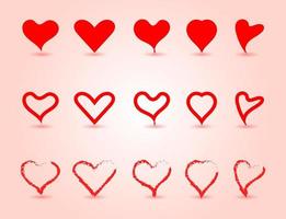 cuori scarabocchi disegnati a mano. elementi a forma di cuore dipinti per biglietti di auguri di San Valentino. doodle rosso amore cuori set di icone. raccolta su simboli romantici sfondo vettoriale