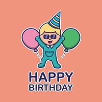 illustrazione vettoriale di carta di buon compleanno con un bambino e palloncino