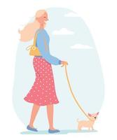 giovane donna che cammina con un cane. personaggio femminile moderno in abiti casual con animale domestico al guinzaglio durante la passeggiata. illustrazione vettoriale piatta isolata su sfondo bianco