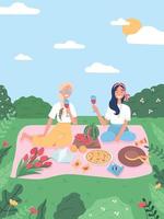 gli amici fanno un picnic nel parco. ragazze in attività ricreative estive, mangiare anguria e pizza all'aperto e trascorrere del tempo. illustrazione vettoriale piatta.