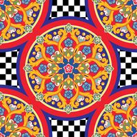 Sfondo luminoso alla moda senza soluzione di continuità. Mandala ornamentale rotonda etnica variopinta sul modello a quadretti. Illustrazione vettoriale