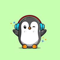 illustrazione di un pinguino che ascolta la musica con un auricolare vettore