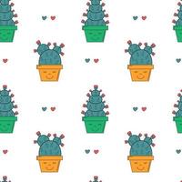 cactus. modello vettoriale senza soluzione di continuità con cactus e cuori carino cartone animato. stampa romantica e d'amore per carta regalo, tessuto. piante grasse in vasi di fiori sorridenti. design moderno alla moda.
