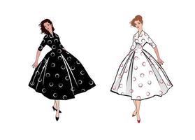 ragazze alla moda vestite in stile anni '50 anni '60. festa in abito moda retrò. abiti estivi vintage donna moda silhouette degli anni '60. due donne in abito estivo. vettore