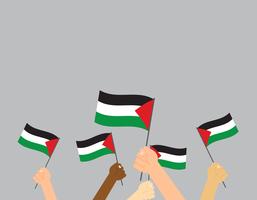 Illustrazione vettoriale mani che tengono le bandiere della Palestina su sfondo grigio