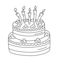 torta di compleanno a due livelli con candele in stile doodle. vettore