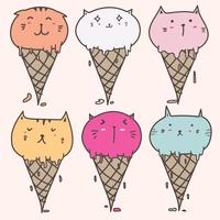 Cute Cat Ice Cream Set. Illustrazione vettoriale disegnato a mano.