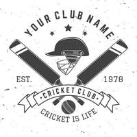 distintivo del club di cricket. vettore. concetto per camicia, stampa, francobollo o t-shirt. design tipografico vintage con silhouette di mazza da cricket, casco e palla. modelli per club sportivo. vettore