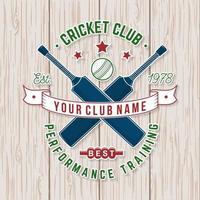 distintivo del club di cricket. vettore. concetto per camicia, stampa, francobollo o t-shirt. design tipografico vintage con mazza da cricket e silhouette a sfera. vettore