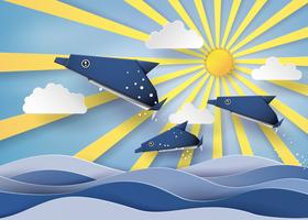 Origami fatto delfino e barca a vela Galleggiante sul mare con origami fatto delfino e barca a vela Galleggiante sul mare con raggio di sole vettore