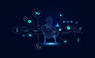 astratto medico wireframe digitale e ologramma concetto di interfaccia analisi dei dati medici in forma visiva futuro moderno, medicina che utilizza l'intelligenza artificiale nell'elaborazione e nel trattamento del futuro. vettore