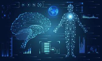 tecnologia astratta interfaccia utente concetto futuristico cervello e corpo umano interfaccia hud elementi ologramma di dati digitali grafico, comunicazione, informatica e innovazione sanitaria su sfondo hi tech futuro design vettore