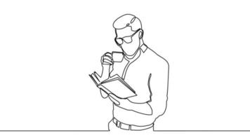 continuare con la linea art. un uomo con gli occhiali legge un libro e beve una tazza di caffè. vettore