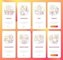 set di schermate della pagina dell'app mobile per l'onboarding di energia non rinnovabile e ambiente. procedura dettagliata 4 passaggi istruzioni grafiche con concetti lineari. ui, ux, modello gui. sono stati utilizzati una miriade di caratteri normali in grassetto vettore