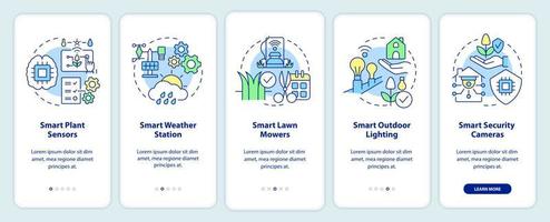 dispositivi intelligenti per giardini che integrano lo schermo dell'app mobile. sensori dell'impianto procedura dettagliata 5 passaggi pagine di istruzioni grafiche con concetti lineari. ui, ux, modello gui. sono stati utilizzati una miriade di caratteri normali in grassetto vettore