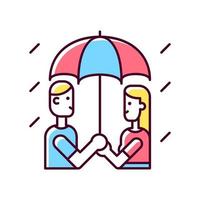camminare sotto la pioggia icona colore rgb. coppia sotto l'ombrellone in caso di pioggia. condividendo l'ombrello con la fidanzata, il fidanzato. coppia romantica. illustrazione vettoriale isolata. semplice disegno a tratteggio pieno