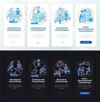 schermata della pagina dell'app mobile per l'onboarding della fisioterapia. tipi di terapia fisica procedura dettagliata 4 passaggi istruzioni grafiche con concetti. modello vettoriale ui, ux, gui con illustrazioni in modalità notte e giorno