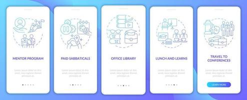 schermata della pagina dell'app mobile per l'onboarding della formazione dei dipendenti. Guida alla libreria dell'ufficio Istruzioni grafiche in 5 passaggi con concetti lineari. ui, ux, modello gui. sono stati utilizzati una miriade di caratteri normali in grassetto vettore