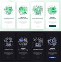 schermo dell'app mobile onboarding in modalità notte e giorno per l'agricoltura digitale. procedura dettagliata 4 passaggi pagine di istruzioni grafiche con concetti lineari. ui, ux, modello gui. sono stati utilizzati una miriade di caratteri normali in grassetto vettore