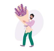 uomo che tiene un grande mazzo di fiori di lavanda. persona di sesso maschile sorridente felice che porta un grande mazzo di fiori. illustrazione piatta vettoriale per la festa della donna, compleanno, San Valentino o altre festività