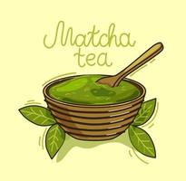 tè matcha in polvere in una tazza con un cucchiaio e foglie di tè su uno sfondo isolato. illustrazione vettoriale. vettore