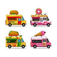 set di camion di cibo su uno sfondo bianco isolato. hamburger, gelato, ciambella, taco. vettore.