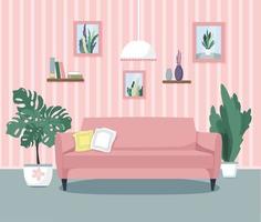 illustrazione vettoriale dell'interno del soggiorno. comodo divano, piante da interno, dipinti, libri. stile piatto.