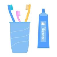 dentifricio e spazzolini da denti in un bicchiere. strumenti per la pulizia dentale. illustrazione vettoriale in stile piatto su sfondo bianco isolato.