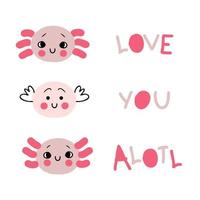 tre facce di axolotl disegnate a mano e testo ti amo alotl. vettore