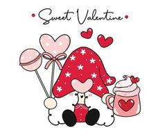 carino gnomo rosso san valentino con tazza rosa panna montata e caramelle a forma di cuore, contorno piatto vettoriale cartone animato