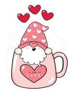 carino San Valentino gnomo ragazzo in rosa tazza di caffè piatto vettore cartone animato disegno contorno illustrazione