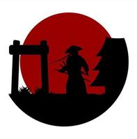 silhouette di samurai e anche luna rossa a tema giapponese vettore