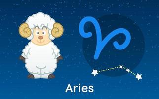 simpatico cartone animato astrologia dello zodiaco ariete con segno di costellazioni. illustrazione vettoriale sullo sfondo del cielo di stelle