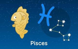 simpatico cartone animato astrologia dello zodiaco dei pesci con il segno delle costellazioni. illustrazione vettoriale sullo sfondo del cielo di stelle