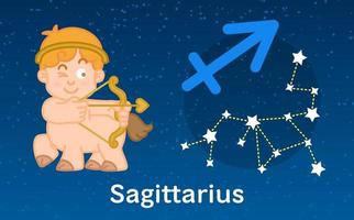 simpatico cartone animato astrologia dello zodiaco sagittario con segno di costellazioni. illustrazione vettoriale sullo sfondo del cielo di stelle