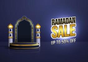banner di vendita ramadan realistico 3d con ornamento arabo e podio del prodotto. illustrazione del ramadan kareem per pubblicità, vendite, acquisti online e marketing con sfondo blu vettore