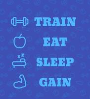 allenarsi, mangiare, dormire, guadagnare, poster vettoriale per palestra con fitness, icone di allenamento, versione blu
