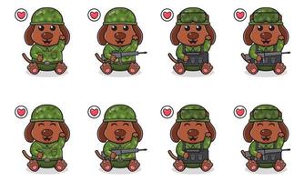 illustrazione vettoriale di simpatico cartone animato cane seduto con costume da soldato e posa della mano.