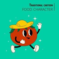 personaggio alimentare nello stile di un cartone animato tradizionale. carattere di pomodoro elegante. vettore