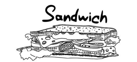 doodle sandwich con pane e salsiccia. stampa nuovo vettore