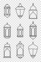 linea islamica araba lanterna simbolo icona collezione set. set di lanterne disegnate a mano. illustrazione vettoriale in stile doodle