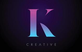 viola blu neon k lettera logo design concept con stile minimalista e vettore di caratteri serif