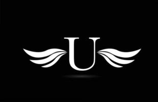 icona del logo della lettera u di alfabeto in bianco e nero con il design delle ali. modello creativo per azienda e business vettore