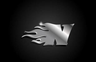 design del logo dell'icona della lettera n dell'alfabeto grigio metallo. modello creativo per affari con stile metallico e fiamme vettore