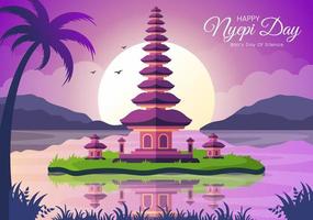 felice giorno di nyepi o silenzio di bali alle cerimonie indù sullo sfondo del tempio o illustrazione pura adatta per poster vettore