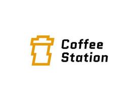 tazza da caffè in carta con logo fulmini. logotipo minimalista moderno di energia della stazione del caffè. caffetteria al concetto di logotipo della stazione di servizio vettore