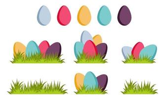 set di uova colorate di Pasqua decorative su erba verde. illustrazione vettoriale piatta.